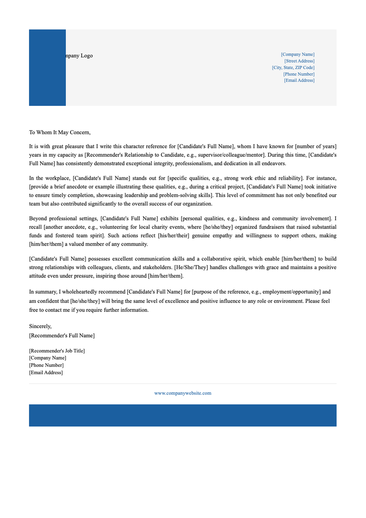 Professional recommendation letter template with blue header and placeholder text_variant_3